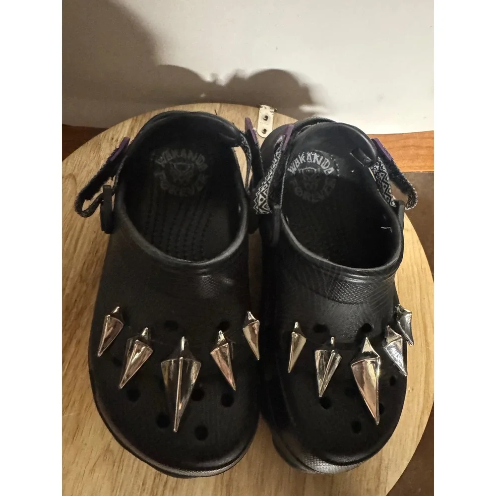 Kids Black Panther‎ Crocs with Spiked Charms Size 12